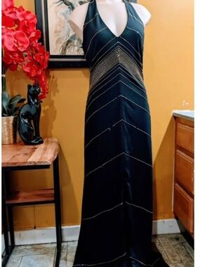 De Laru black maxi sleeveless vneck gown with gold beading detail  De Laru Long